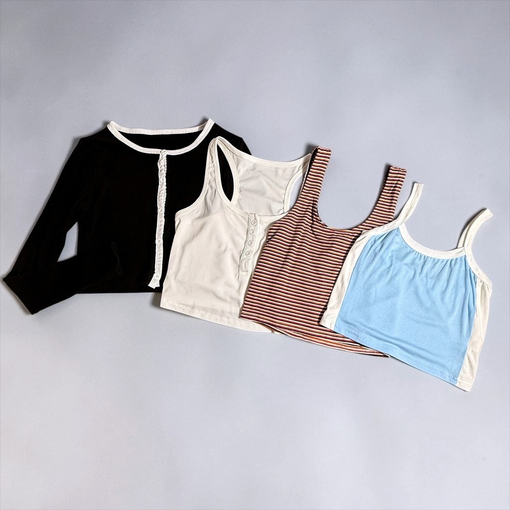 Crop Top Bundle 4pc Ribbed Henley Cardigan Striped Tank Cami Multi Color Size M